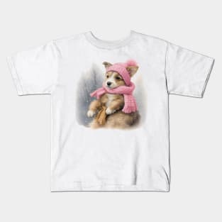 Adorable cute puppy wearing a pink hat and scarf Kids T-Shirt